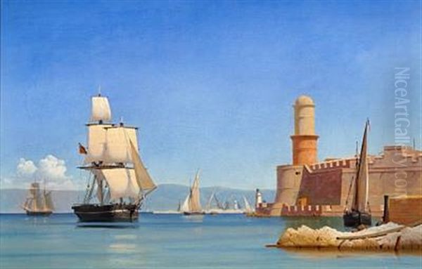 Coastal Scene On A Quiet Summer Day With Sailing Ships (toulon Arsenal In Provence, France?) Oil Painting by Carl Dahl