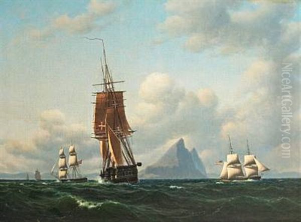 The Frigate "thetis", A Danish Brig And A Brig Under The American Flag By Gibraltar Oil Painting by Carl Dahl