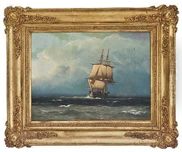 Franske Fregatter Ud For Kysten En Solskinsdag (+ Fregat Pa Havet Under Optraekkende Skyer; Pair) Oil Painting by Carl Dahl