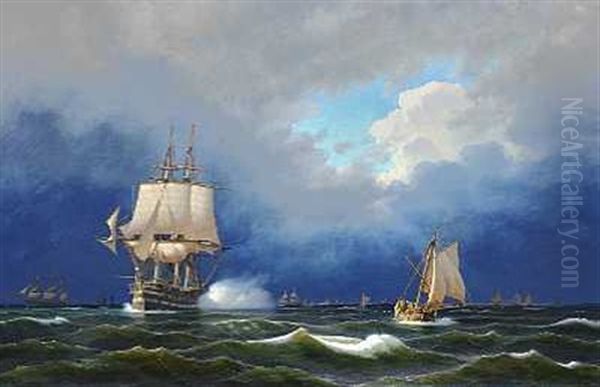 Linieskib, Der Saluterer Ud For Kronborg Oil Painting by Carl Dahl