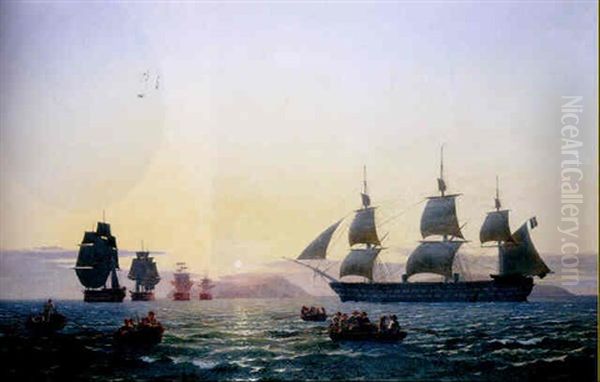 French Ships Of The Line Weighing Anchor In The Mediterranean Oil Painting by Carl Dahl