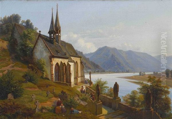 Rheinlandschaft Mit Gotischer Kapelle Oil Painting by Carl Ferdinand Dahl