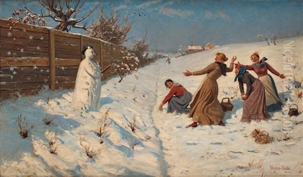 Throwing Snowballs Oil Painting by Hans Dahl