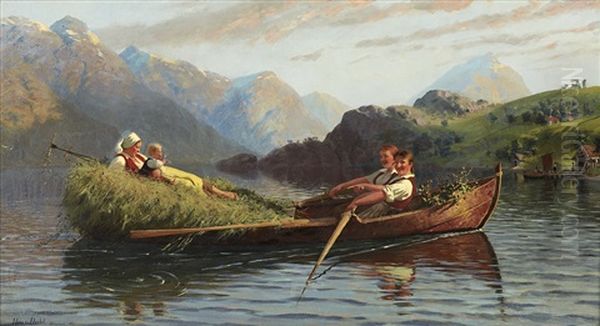 Figures In A Rowing Boat On A Fjord Oil Painting by Hans Dahl