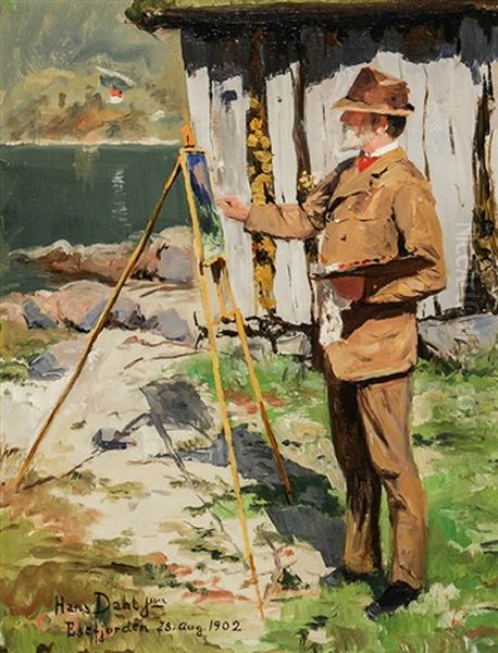 Portrait Of The Artist En Plein Air Oil Painting by Hans Dahl