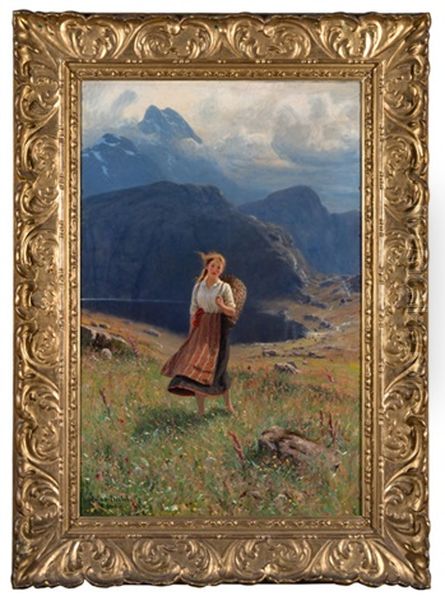 Junges Madchen Vor Fjordlandschaft Oil Painting by Hans Dahl