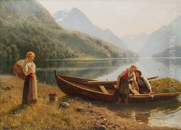 Folkeliv I Fjordlandskap Oil Painting by Hans Dahl