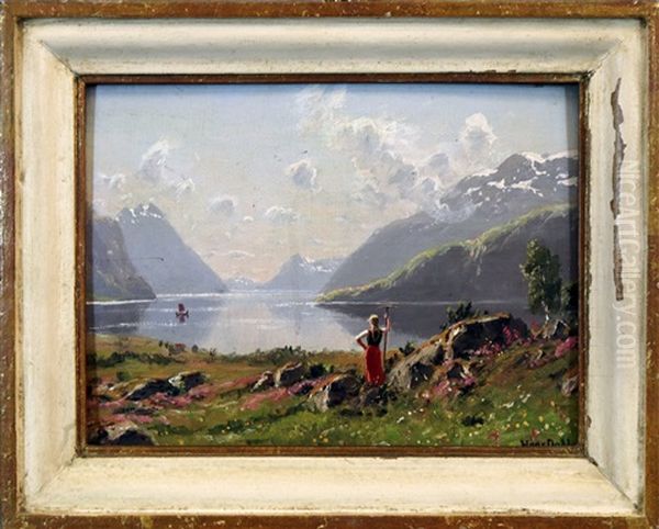 Junge Bauerin In Sommerlicher Fjordlandschaft Oil Painting by Hans Dahl