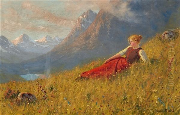 Norwegian Fjord Landscape With A Recumbent Young Lady Oil Painting by Hans Dahl