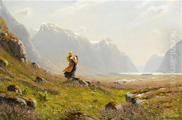 Young Girl On A Summer Alpine Stroll Oil Painting by Hans Dahl