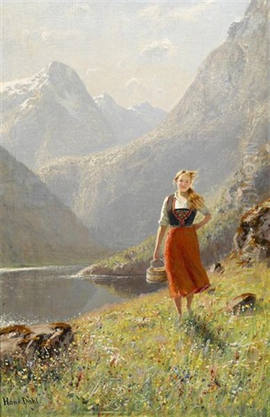 A Young Girl With A Basket In The Mountains Oil Painting by Hans Dahl