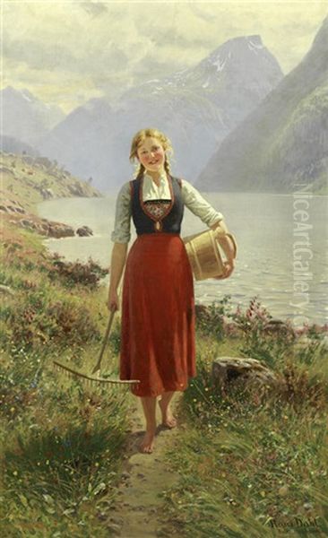 Portrait Of A Young Norwegian Girl Oil Painting by Hans Dahl