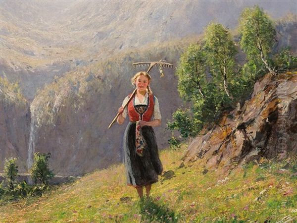 Girl In Summerly Fjord Landscape Oil Painting by Hans Dahl