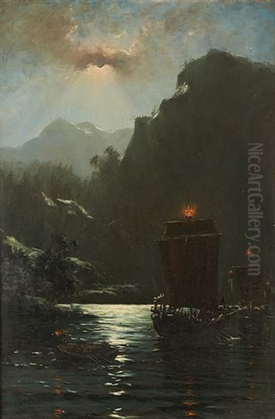 Drakkar Au Lever De Lune Oil Painting by Hans Dahl