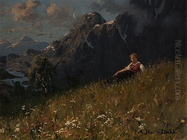 Girl At A Summery Fjord Oil Painting by Hans Dahl