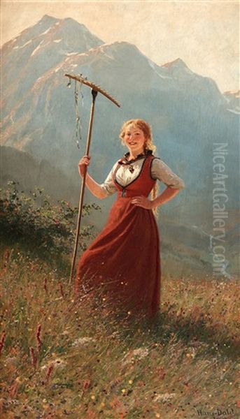 Girl In Fjord Landscape Oil Painting by Hans Dahl