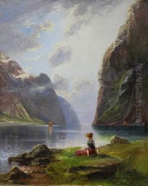 Lady Seated By A Mountain Lake Oil Painting by Hans Dahl