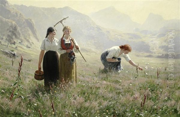 Three Girls In A Meadow Oil Painting by Hans Dahl