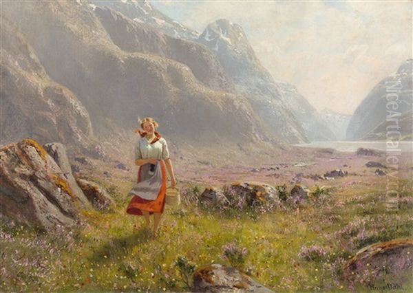 Junge Bauerin In Sommerlicher Fjordlandschaft Oil Painting by Hans Dahl