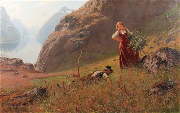 Junges Bauernpaar Vor Fjordlandschaft Oil Painting by Hans Dahl