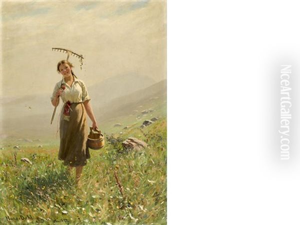 A Young Woman In The Meadow Oil Painting by Hans Dahl