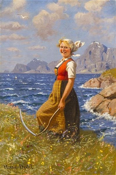 Maid With Scythe Oil Painting by Hans Dahl