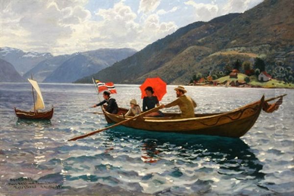 Artist With His Family Boating In Balestrand Oil Painting by Hans Dahl