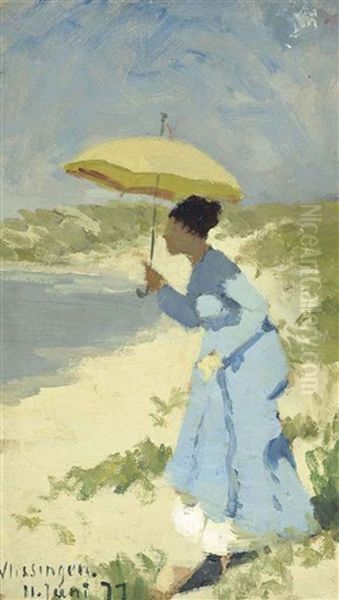 A Lady On The Beach Under A Parasol Oil Painting by Hans Dahl