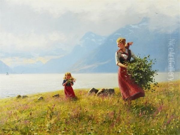 Sommerdag - Mor Och Dotter I Fjordlandskap Oil Painting by Hans Dahl