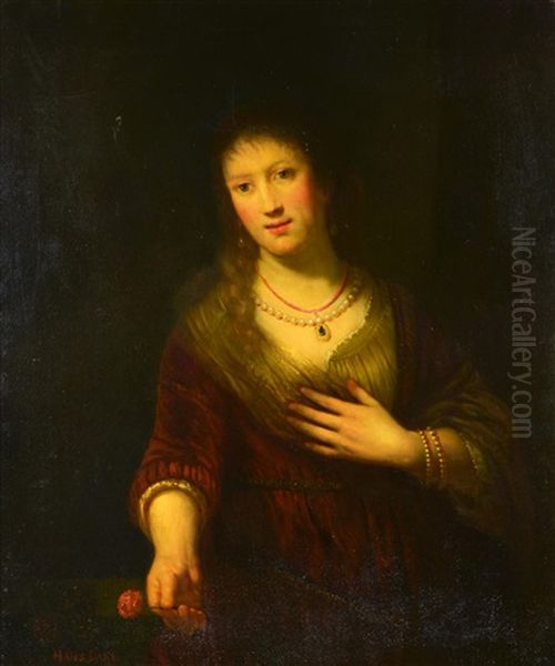 Portrait Of Saskia With Flower (after Rembrandt Van Rijn) Oil Painting by Hans Dahl