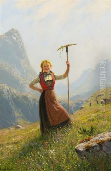 Peasant Girl With A Rake Oil Painting by Hans Dahl