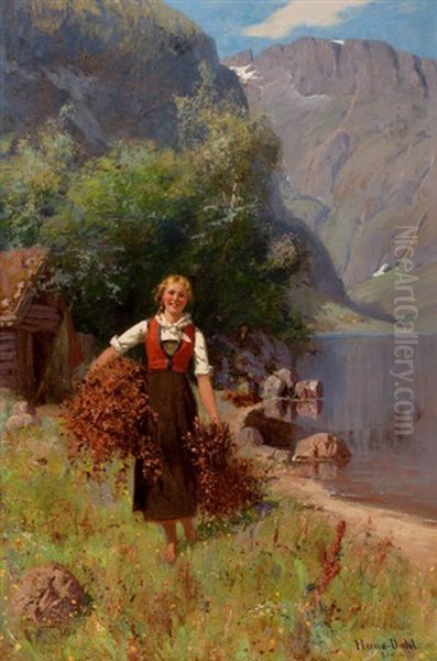 Girl In A Fjord Landscape Oil Painting by Hans Dahl