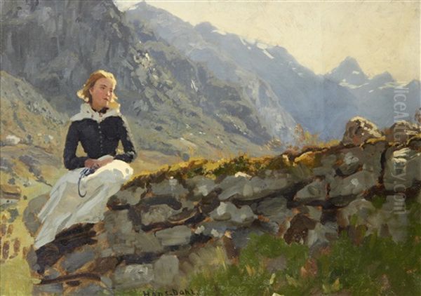 Girl Seated On A Stone Wall Oil Painting by Hans Dahl