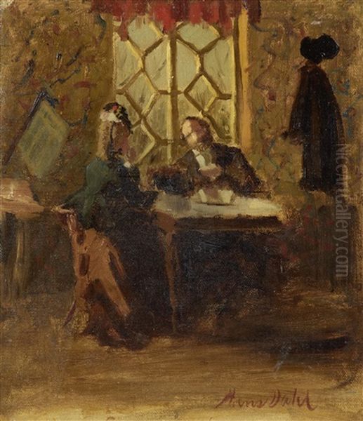 Interior Scene With Figures In Conversation And Sketch Of A Man And Woman In A Boat (2 Works) by Hans Dahl