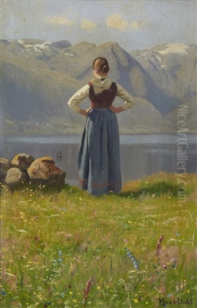 Girl Before A Fjord Oil Painting by Hans Dahl