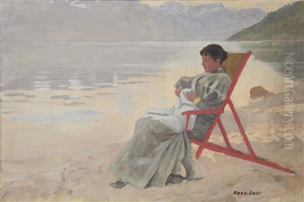 Woman In A Deckchair At The Water's Edge Oil Painting by Hans Dahl