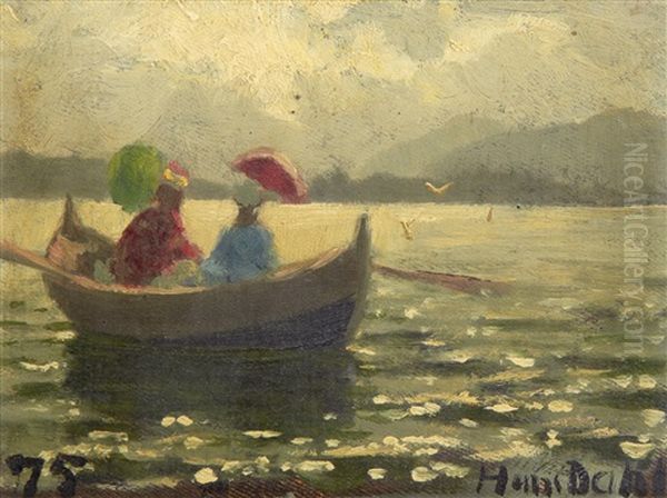 Ladies In A Boat And Sketches Of Figures Beside A Fjord (3 Works) Oil Painting by Hans Dahl