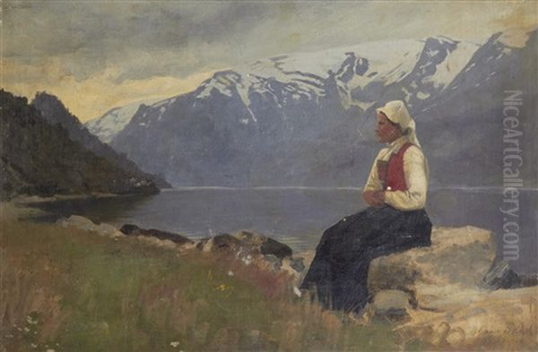 Fjord Landscape With Girl Seated On A Rock Oil Painting by Hans Dahl