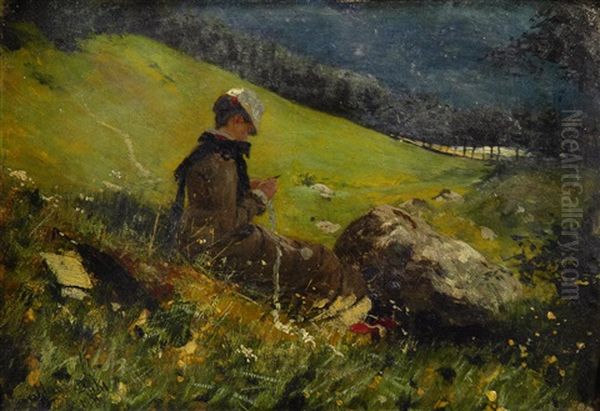 Girl In A Field Knitting Oil Painting by Hans Dahl