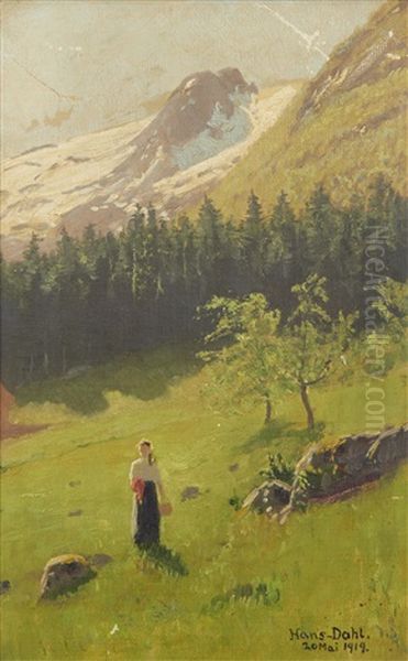 Girl In A Meadow With Snow-capped Mountains Beyond Oil Painting by Hans Dahl