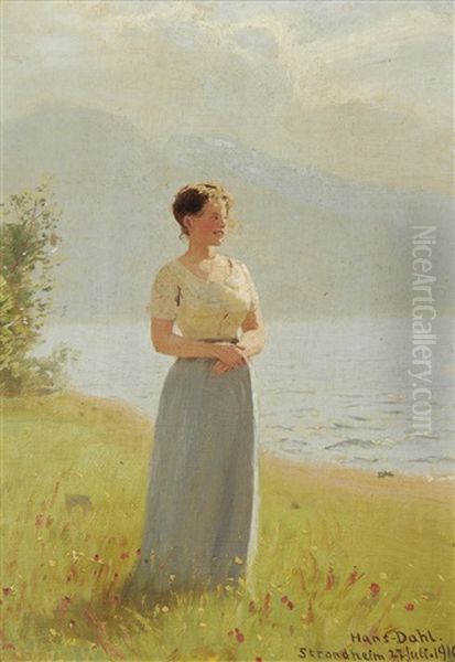 Girl Beside A Fjord Oil Painting by Hans Dahl