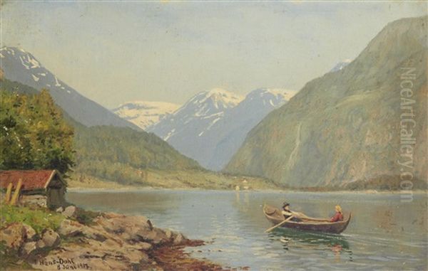 Figures In A Rowing Boat On A Fjord Oil Painting by Hans Dahl