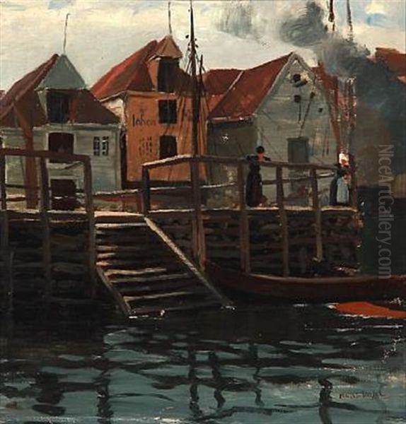 Two Women At Bergen Harbour, Norway Oil Painting by Hans Dahl