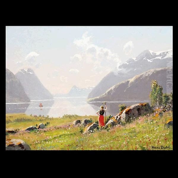 A Young Beauty At The Fjord Oil Painting by Hans Dahl