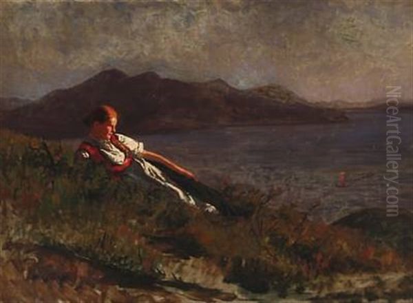 Young Norwegian Girl Laying In The Sunset On The Slopes Of A Fjord Oil Painting by Hans Dahl