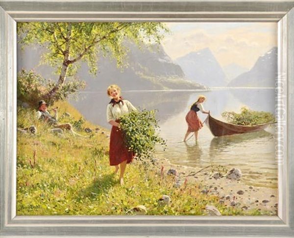 Sommerliche Fjordlandschaft Mit Birkenzweigen Sammelnden Madchen Oil Painting by Hans Dahl