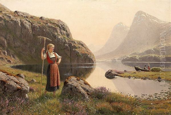 Heuernte Am Ufer Eines Norwegischen Gebirgssees Oil Painting by Hans Dahl