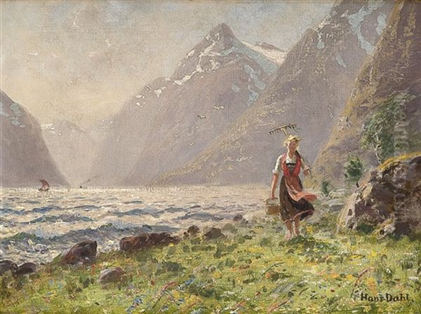 Ung Kvinne I Fjordlandskap Oil Painting by Hans Dahl