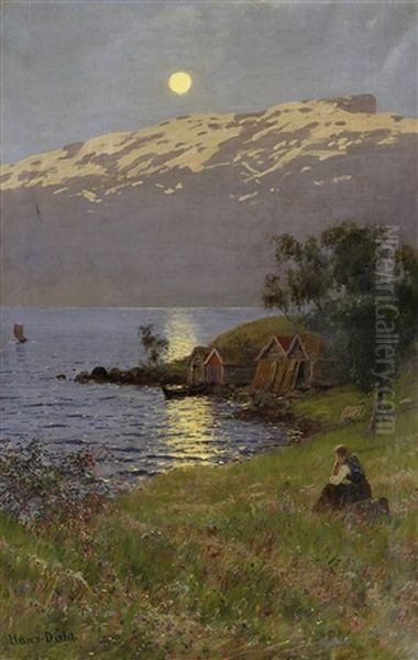 Mitternachtssonne Uber Dem Fjord Oil Painting by Hans Dahl