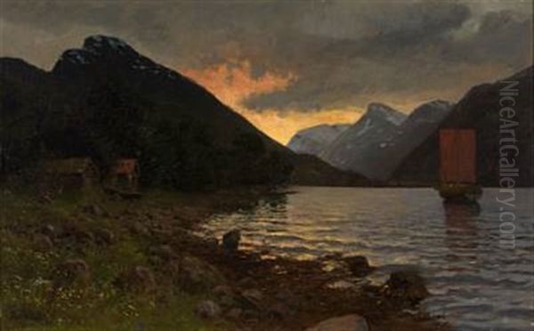 Solnedgang Over Fjordlandskap Oil Painting by Hans Dahl